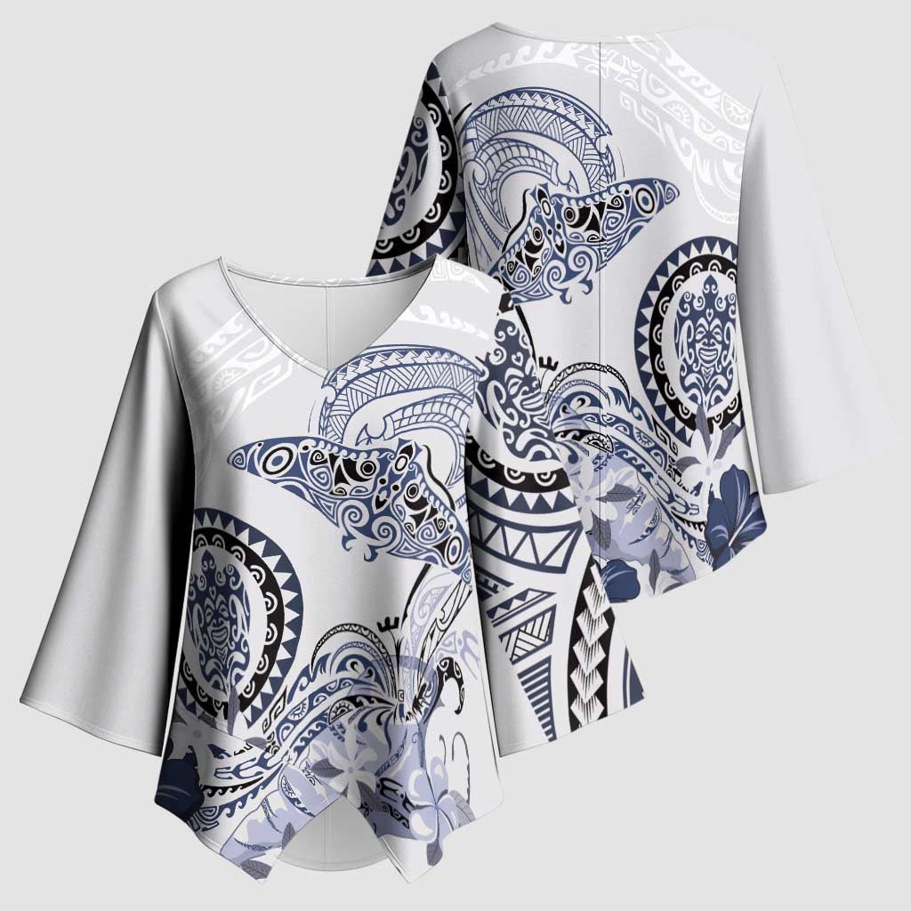 Polynesian Manta Ray Kimono Sleeve Blouse Blue Floral Turtle Tattoo - Polynesian Pride
