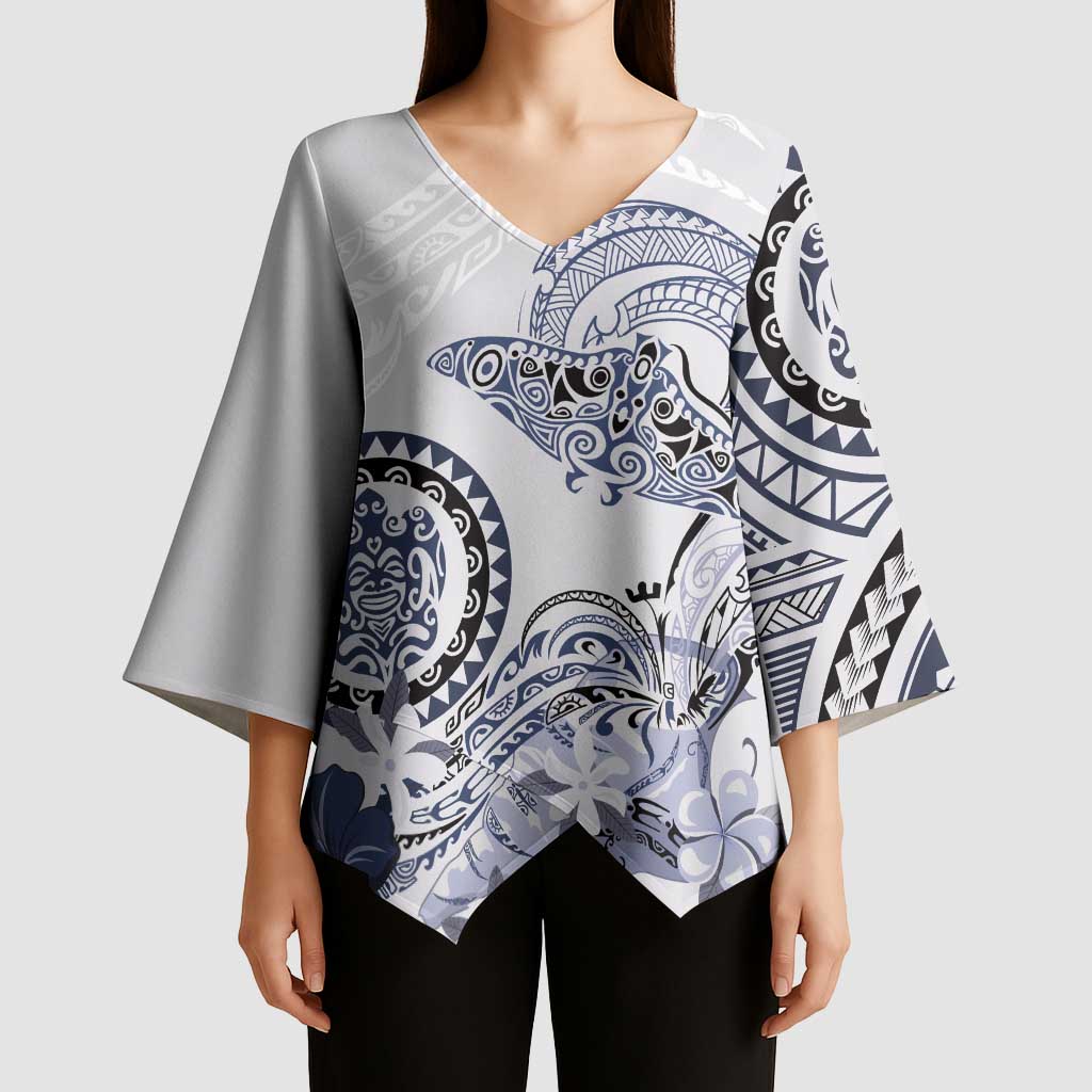Polynesian Manta Ray Kimono Sleeve Blouse Blue Floral Turtle Tattoo - Polynesian Pride