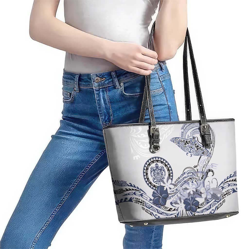 Polynesian Manta Ray Leather Tote Bag Blue Floral Turtle Tattoo - Polynesian Pride