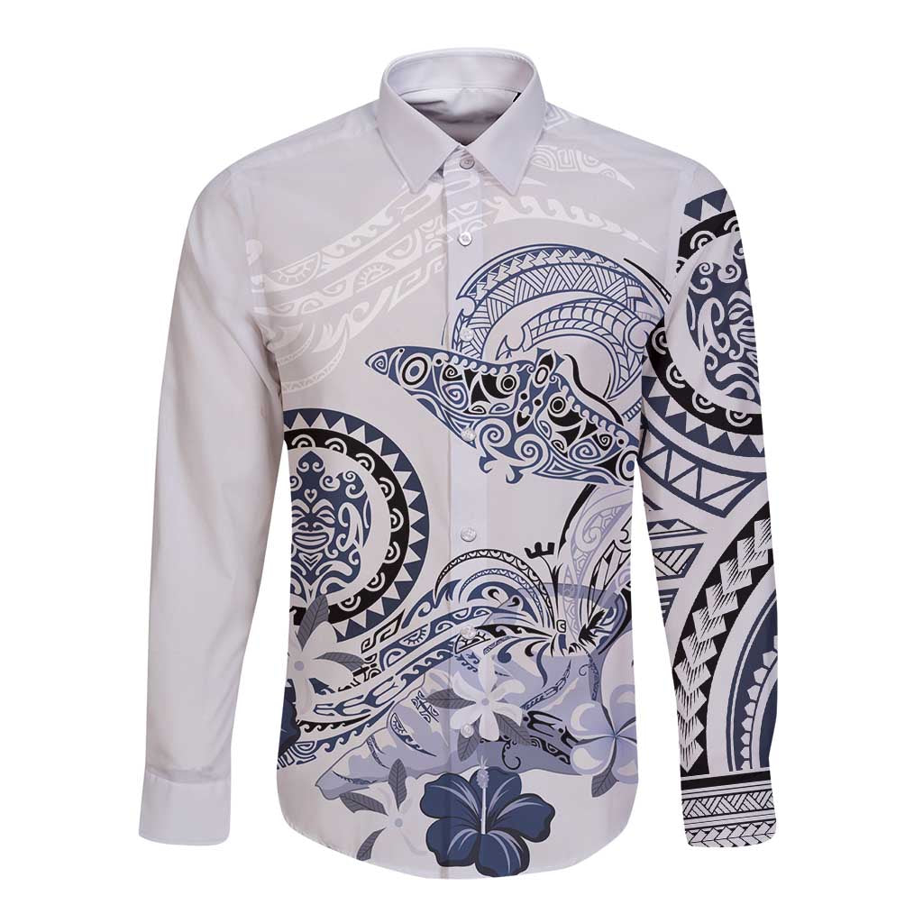 Polynesian Manta Ray Long Sleeve Button Shirt Blue Floral Turtle Tattoo - Polynesian Pride