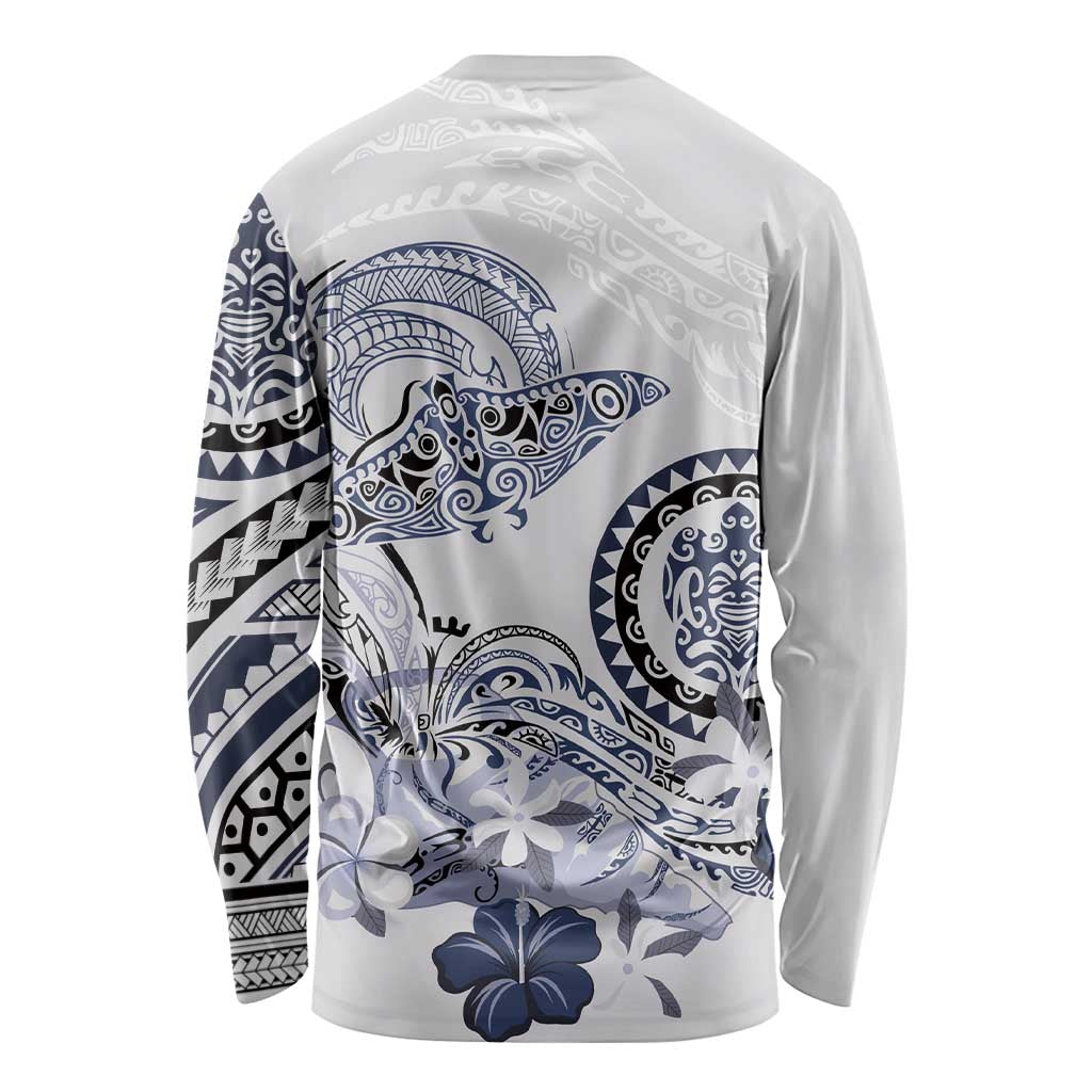 Polynesian Manta Ray Long Sleeve Shirt Blue Floral Turtle Tattoo - Polynesian Pride