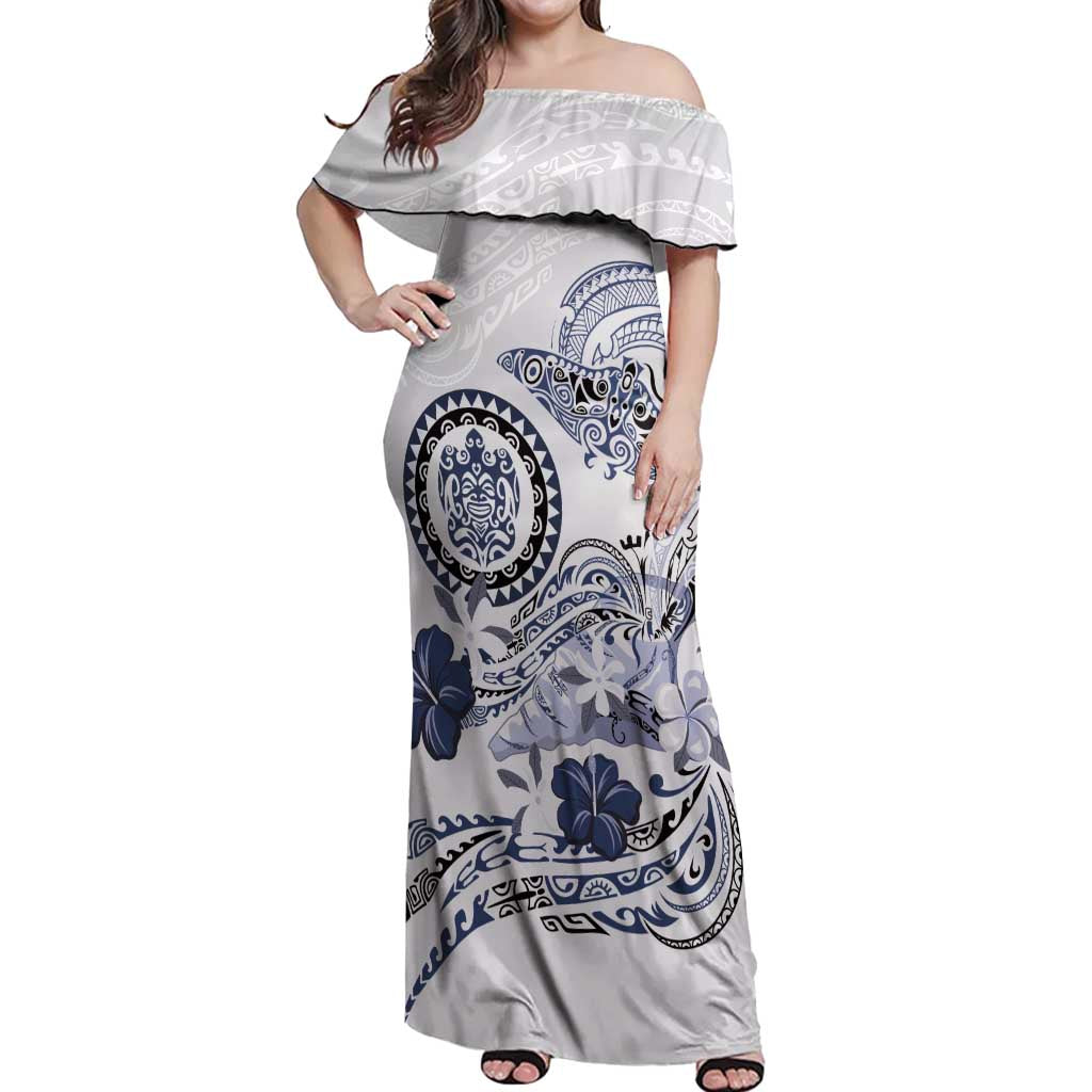 Polynesian Manta Ray Off Shoulder Maxi Dress Blue Floral Turtle Tattoo - Polynesian Pride