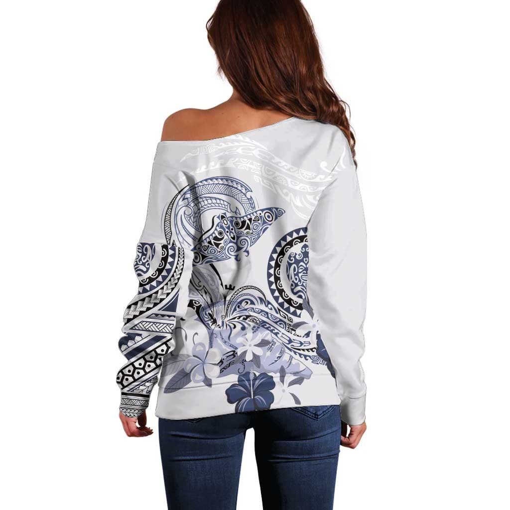 Polynesian Manta Ray Off Shoulder Sweater Blue Floral Turtle Tattoo - Polynesian Pride