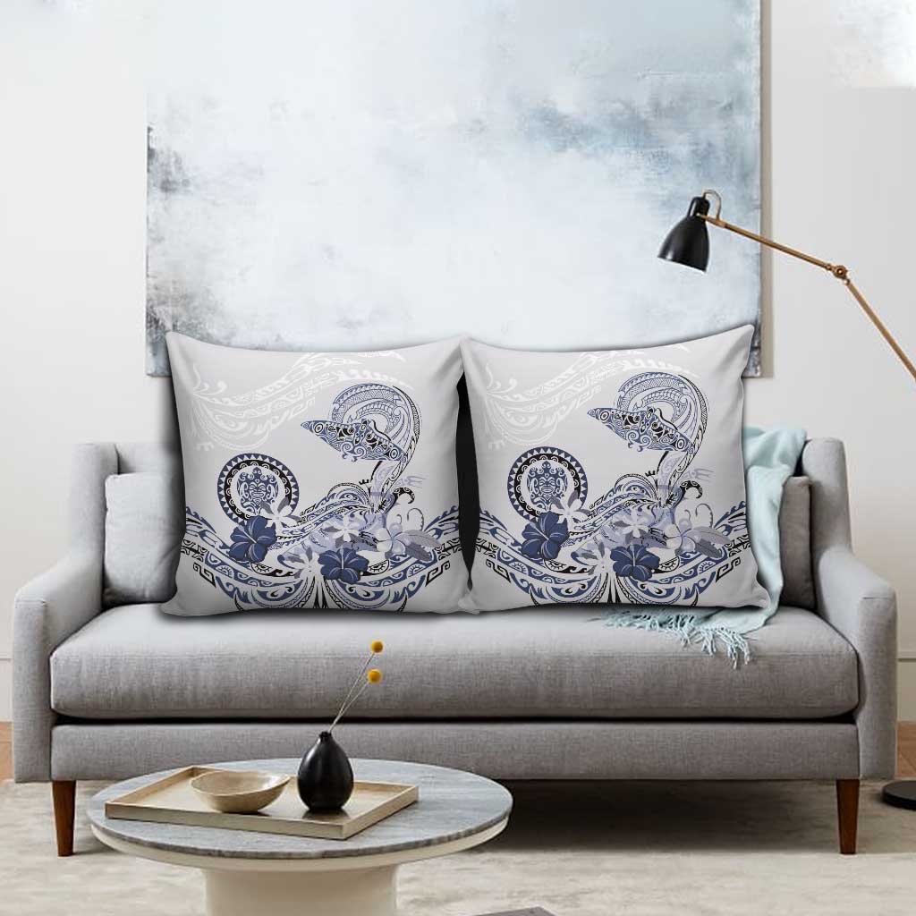 Polynesian Manta Ray Pillow Cover Blue Floral Turtle Tattoo - Polynesian Pride