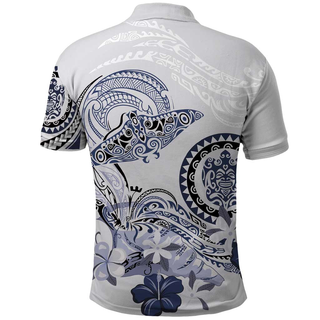 Polynesian Manta Ray Polo Shirt Blue Floral Turtle Tattoo - Polynesian Pride