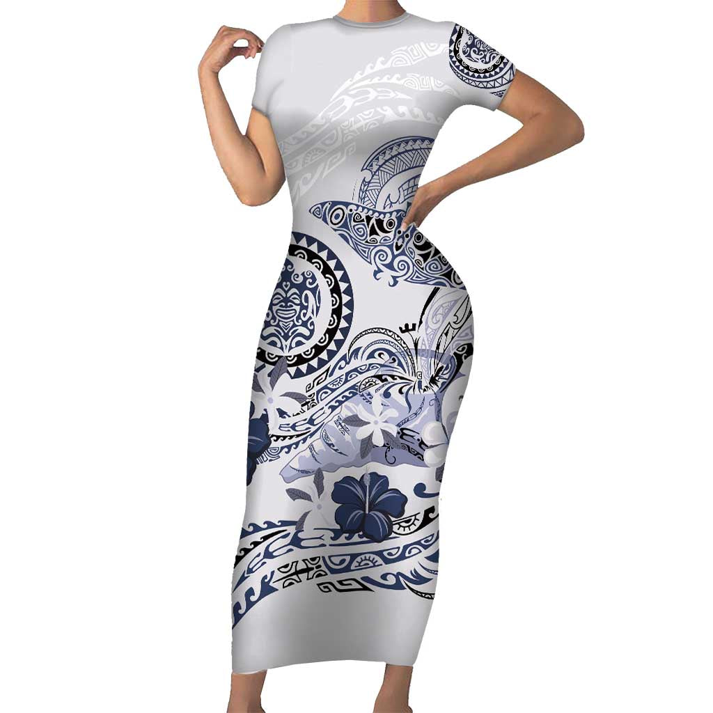 Polynesian Manta Ray Short Sleeve Bodycon Dress Blue Floral Turtle Tattoo - Polynesian Pride
