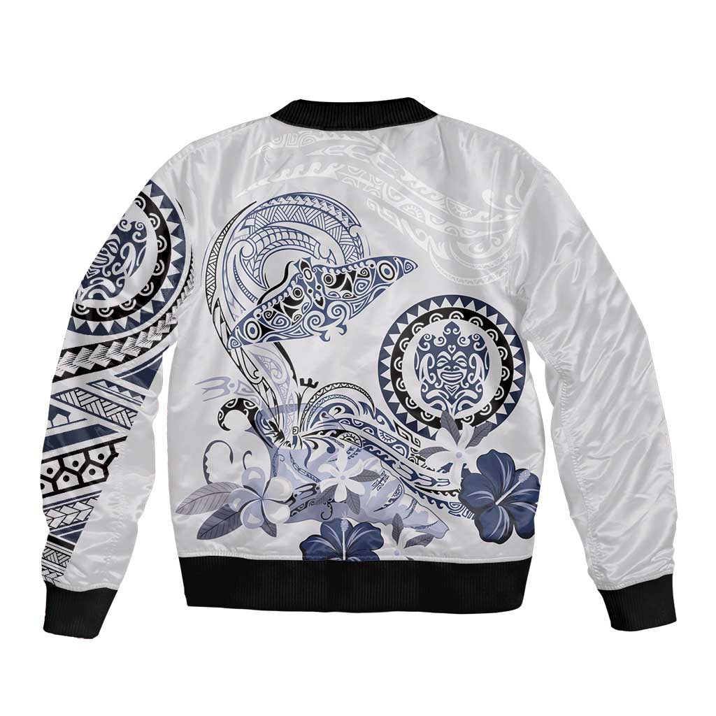 Polynesian Manta Ray Sleeve Zip Bomber Jacket Blue Floral Turtle Tattoo - Polynesian Pride
