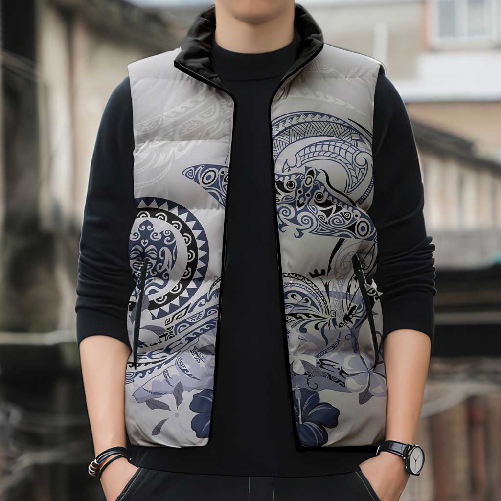 Polynesian Manta Ray Sleeveless Puffer Jacket Blue Floral Turtle Tattoo - Polynesian Pride