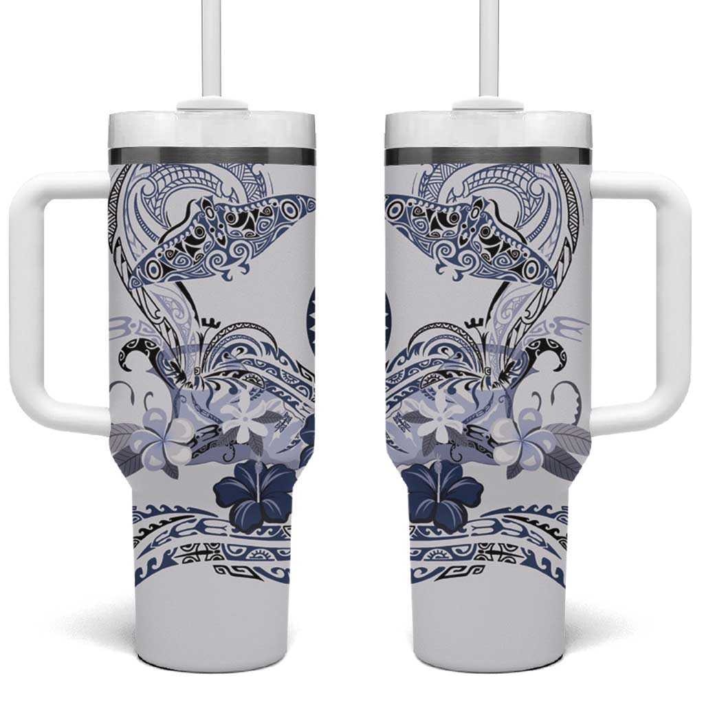 Polynesian Manta Ray Tumbler With Handle Blue Floral Turtle Tattoo - Polynesian Pride
