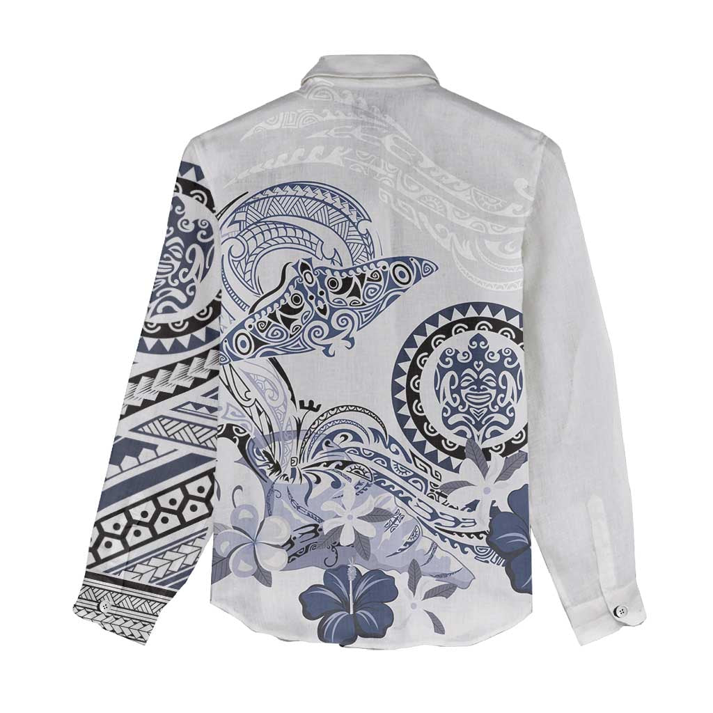 Polynesian Manta Ray Women Casual Shirt Blue Floral Turtle Tattoo - Polynesian Pride