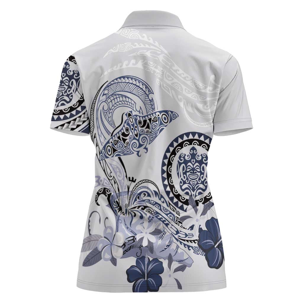Polynesian Manta Ray Women Polo Shirt Blue Floral Turtle Tattoo - Polynesian Pride