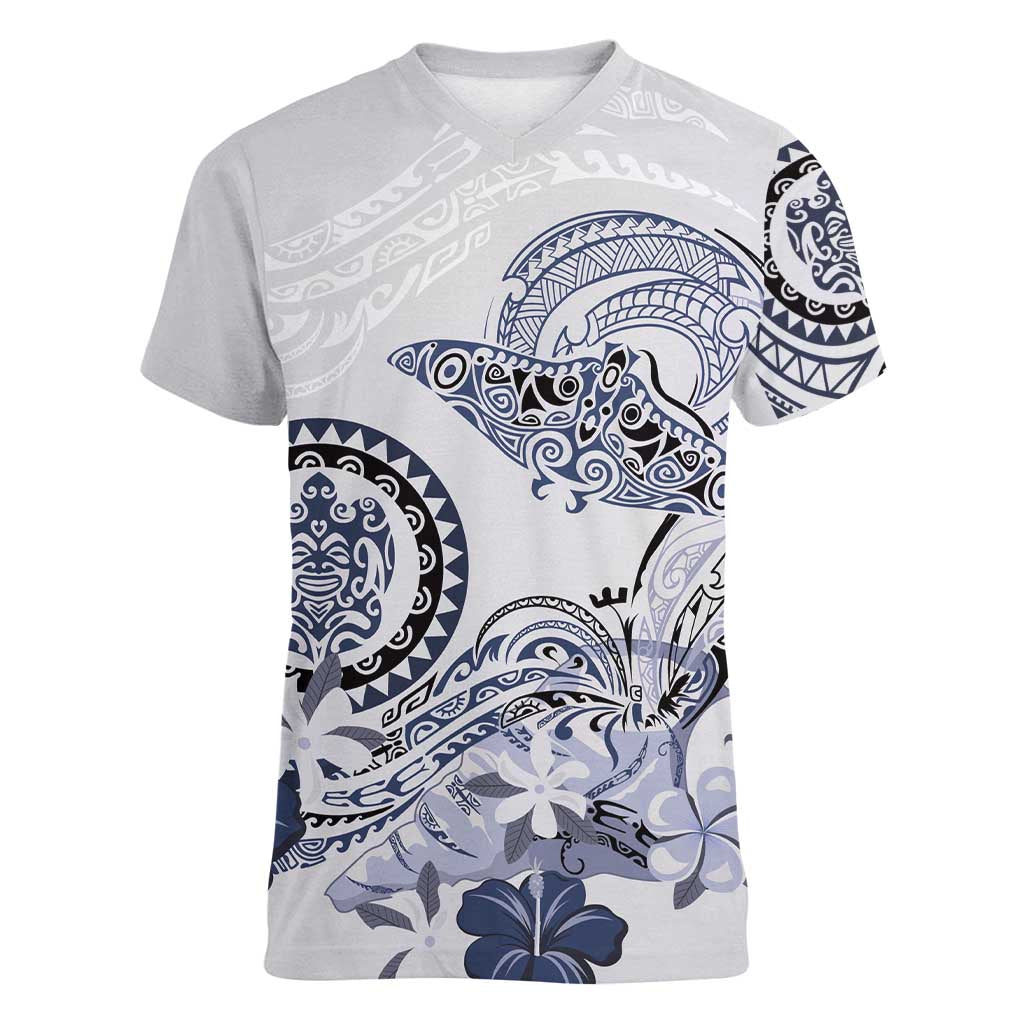 Polynesian Manta Ray Women V-Neck T-Shirt Blue Floral Turtle Tattoo LT9 Female Blue - Polynesian Pride