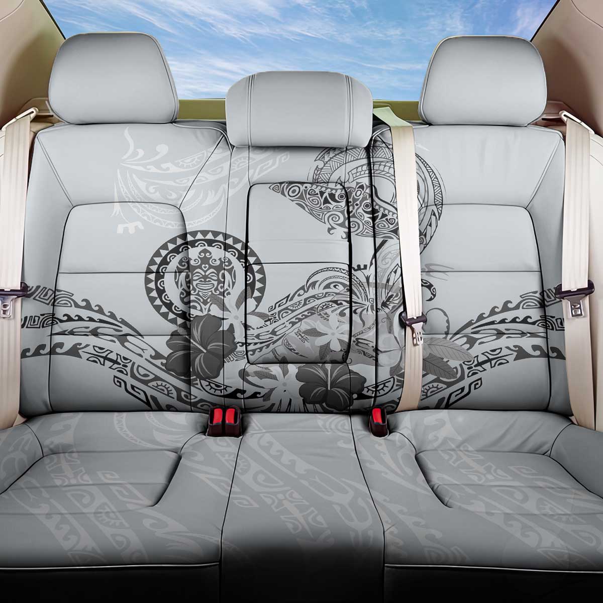 Polynesian Manta Ray Back Car Seat Cover Gray Floral Turtle Tattoo - Polynesian Pride