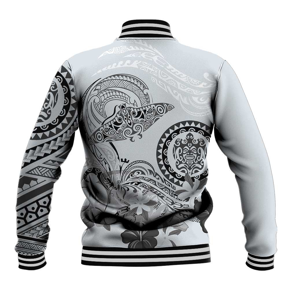 Polynesian Manta Ray Baseball Jacket Gray Floral Turtle Tattoo - Polynesian Pride