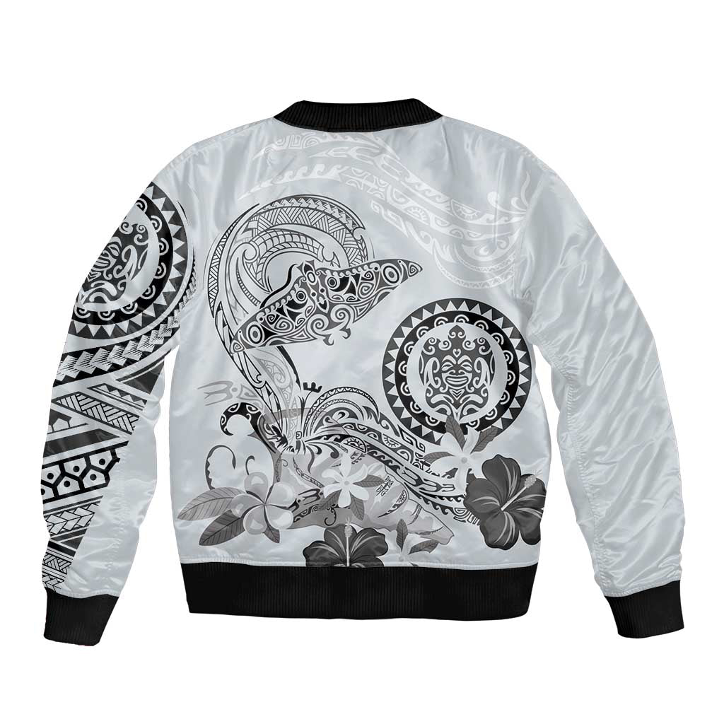 Polynesian Manta Ray Bomber Jacket Gray Floral Turtle Tattoo - Polynesian Pride