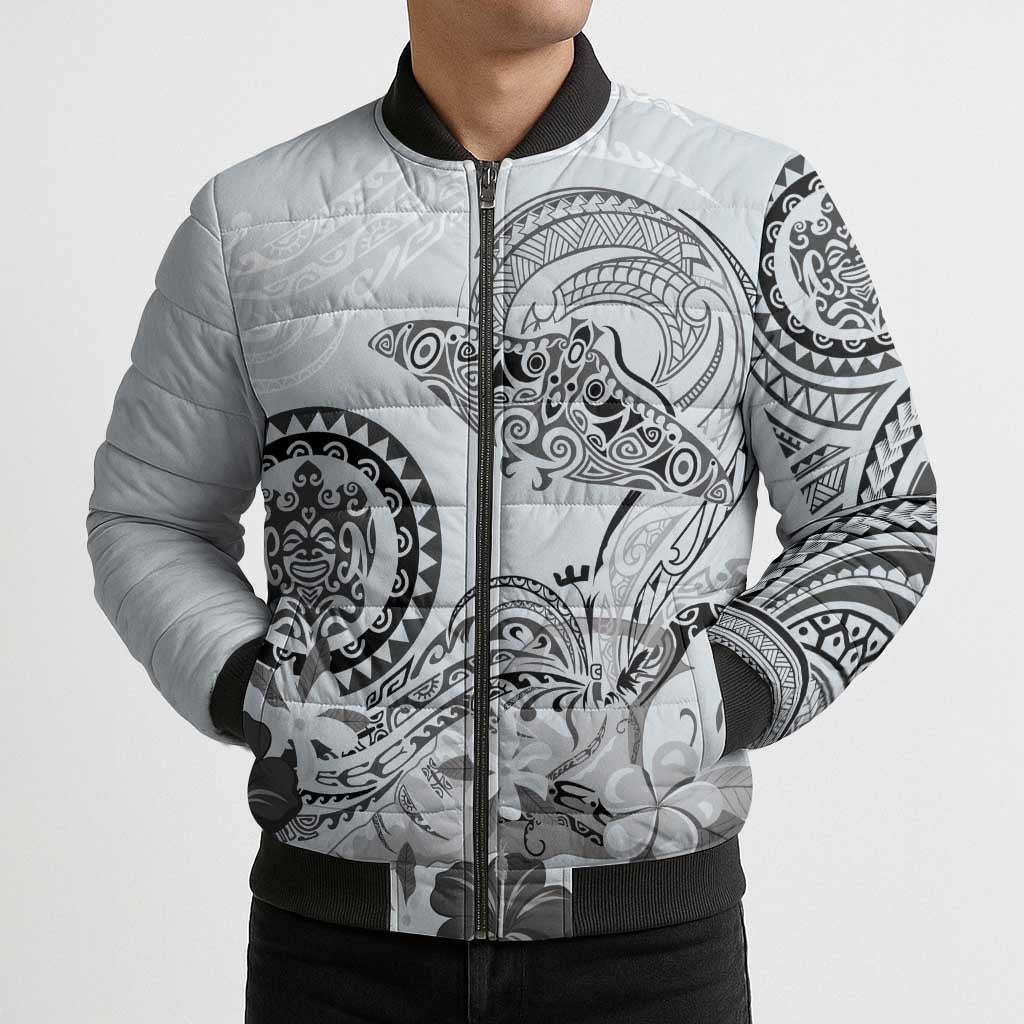 Polynesian Manta Ray Bomber Puffer Jacket Gray Floral Turtle Tattoo - Polynesian Pride