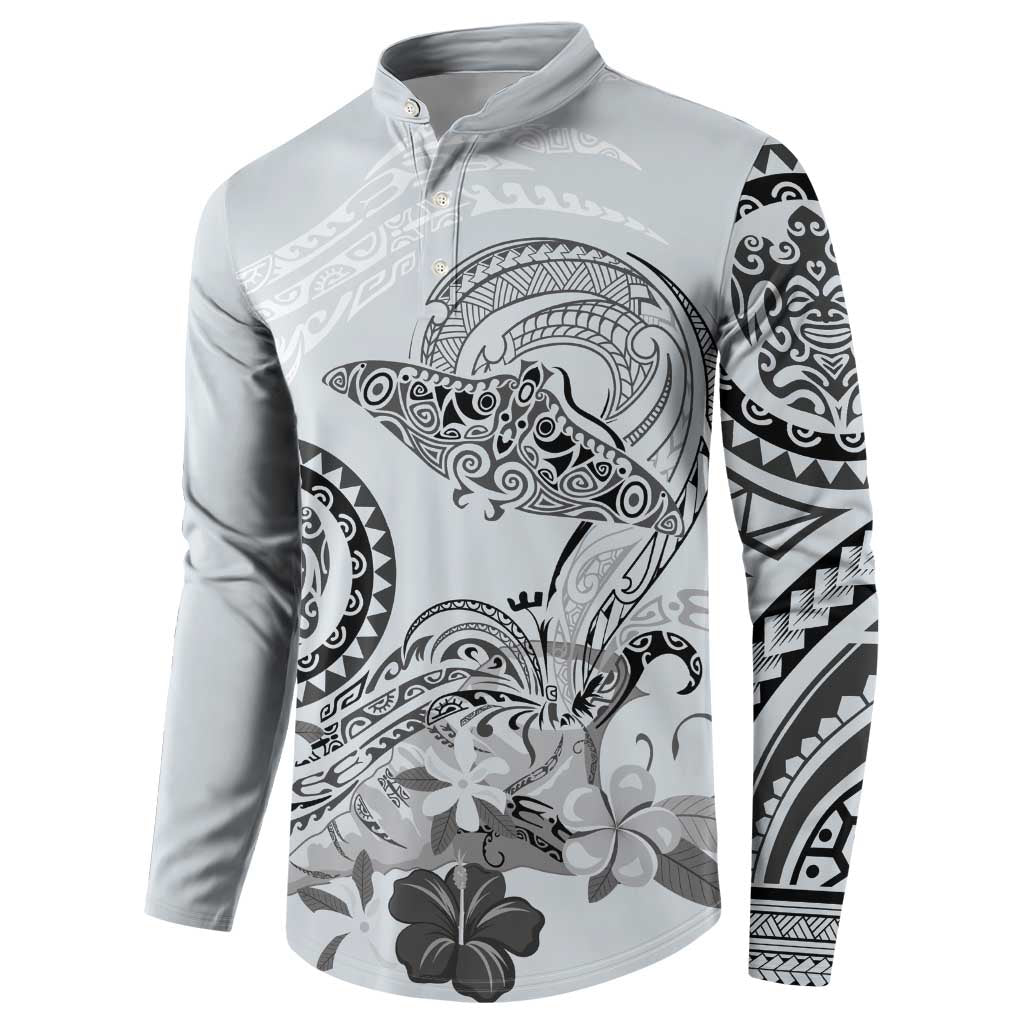 Polynesian Manta Ray Button Sweatshirt Gray Floral Turtle Tattoo - Polynesian Pride