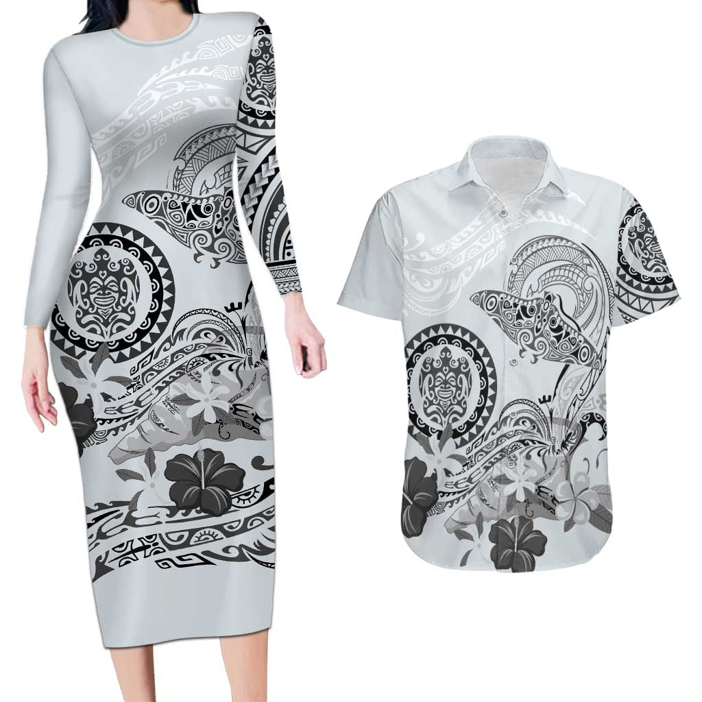 Polynesian Manta Ray Couples Matching Long Sleeve Bodycon Dress and Hawaiian Shirt Gray Floral Turtle Tattoo - Polynesian Pride