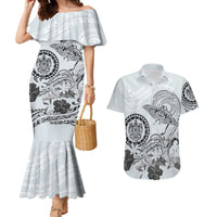 Polynesian Manta Ray Couples Matching Mermaid Dress and Hawaiian Shirt Gray Floral Turtle Tattoo - Polynesian Pride