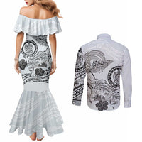 Polynesian Manta Ray Couples Matching Mermaid Dress and Long Sleeve Button Shirt Gray Floral Turtle Tattoo - Polynesian Pride