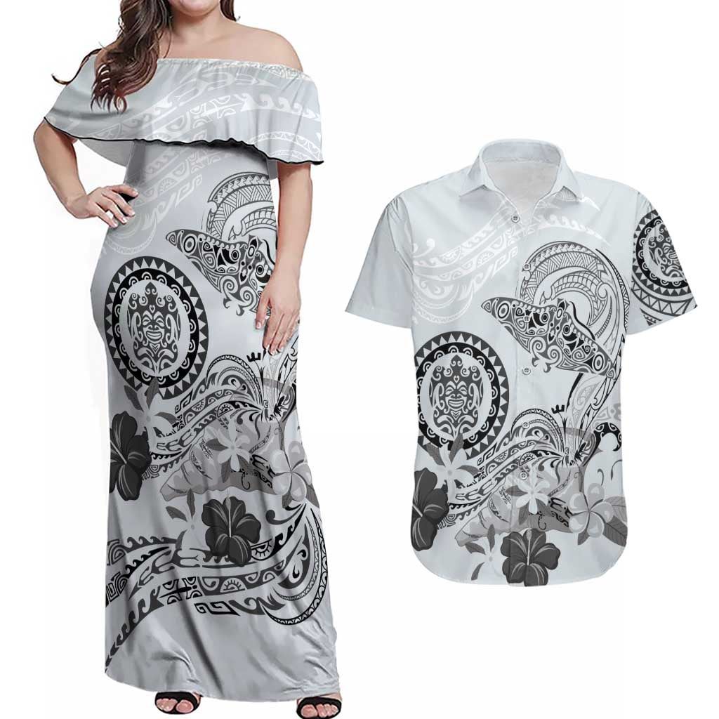 Polynesian Manta Ray Couples Matching Off Shoulder Maxi Dress and Hawaiian Shirt Gray Floral Turtle Tattoo - Polynesian Pride