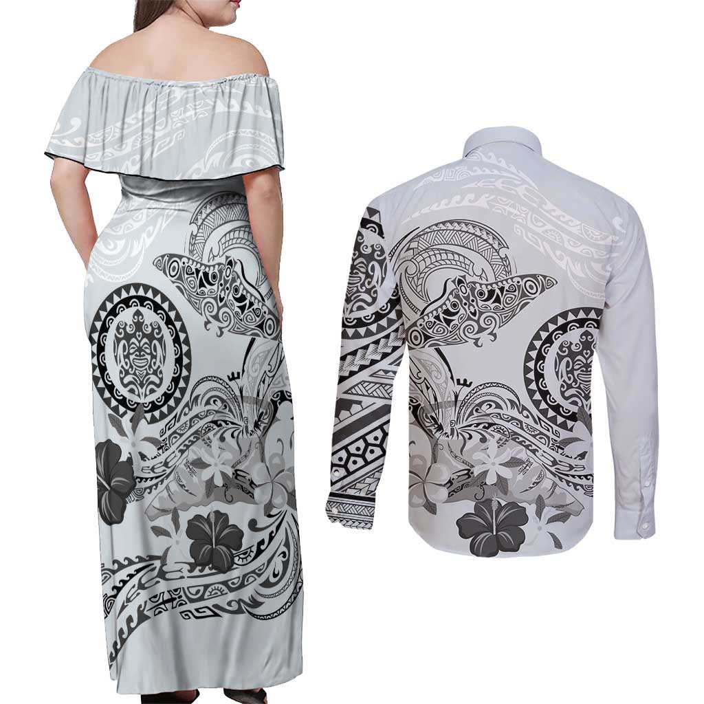 Polynesian Manta Ray Couples Matching Off Shoulder Maxi Dress and Long Sleeve Button Shirt Gray Floral Turtle Tattoo - Polynesian Pride