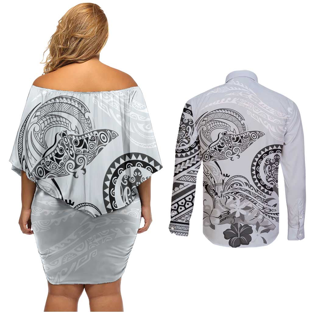 Polynesian Manta Ray Couples Matching Off Shoulder Short Dress and Long Sleeve Button Shirt Gray Floral Turtle Tattoo - Polynesian Pride