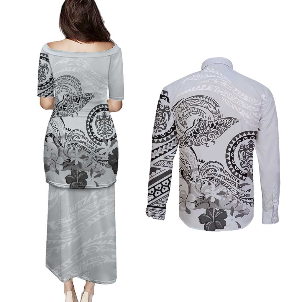 Polynesian Manta Ray Couples Matching Puletasi and Long Sleeve Button Shirt Gray Floral Turtle Tattoo - Polynesian Pride