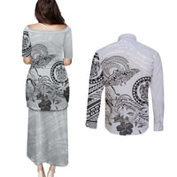 Polynesian Manta Ray Couples Matching Puletasi and Long Sleeve Button Shirt Gray Floral Turtle Tattoo - Polynesian Pride