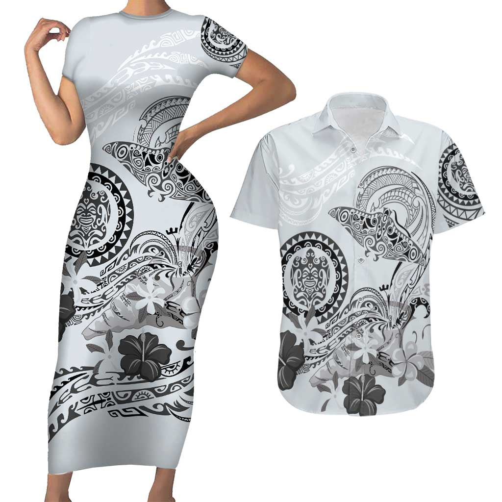 Polynesian Manta Ray Couples Matching Short Sleeve Bodycon Dress and Hawaiian Shirt Gray Floral Turtle Tattoo - Polynesian Pride