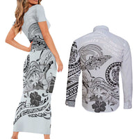Polynesian Manta Ray Couples Matching Short Sleeve Bodycon Dress and Long Sleeve Button Shirt Gray Floral Turtle Tattoo - Polynesian Pride