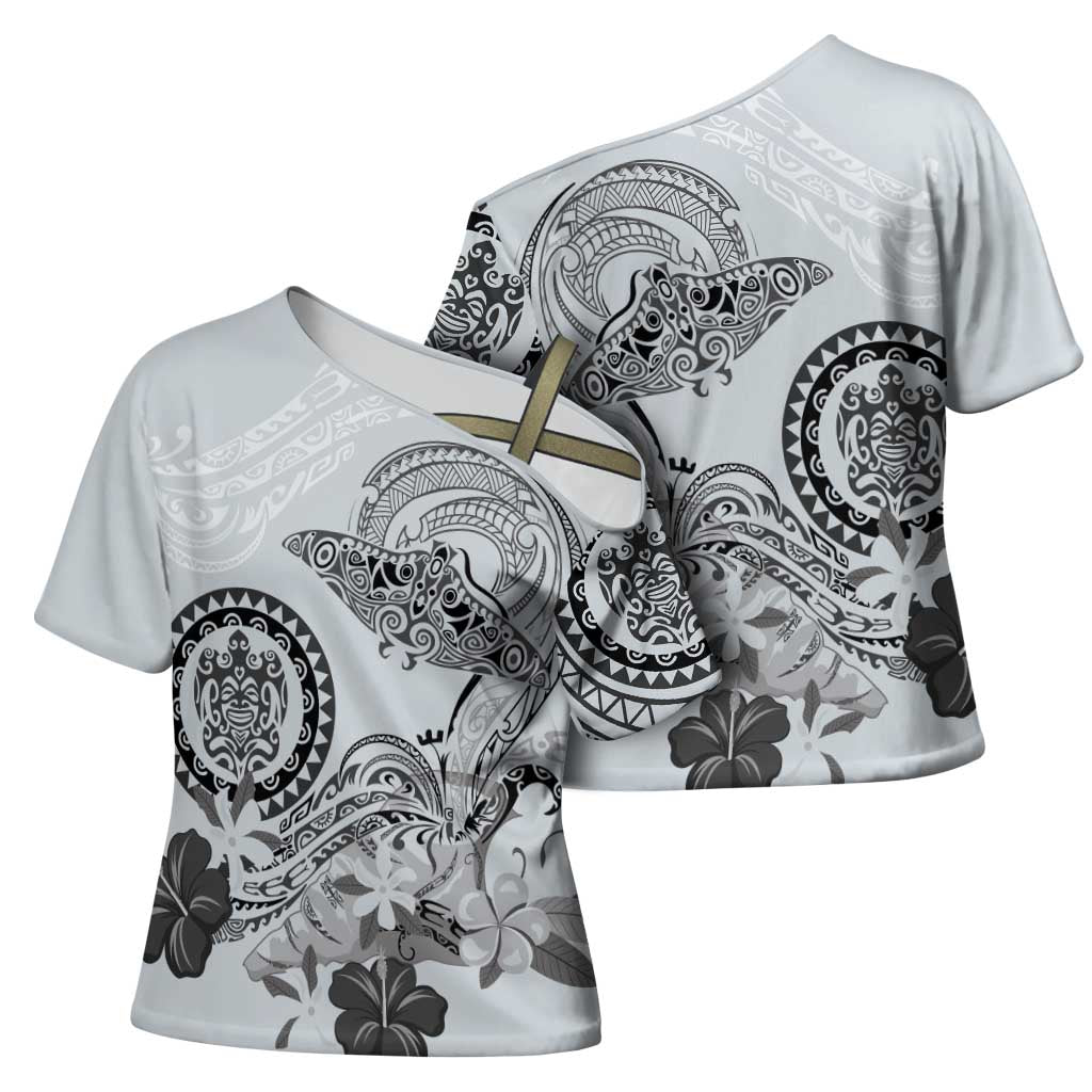 Polynesian Manta Ray Cross Shoulder Shirt Gray Floral Turtle Tattoo - Polynesian Pride