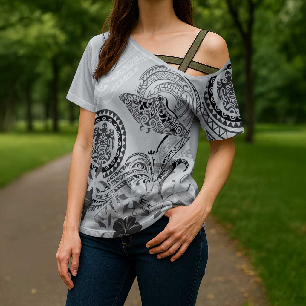 Polynesian Manta Ray Cross Shoulder Shirt Gray Floral Turtle Tattoo - Polynesian Pride