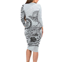 Polynesian Manta Ray Family Matching Long Sleeve Bodycon Dress and Hawaiian Shirt Gray Floral Turtle Tattoo - Polynesian Pride