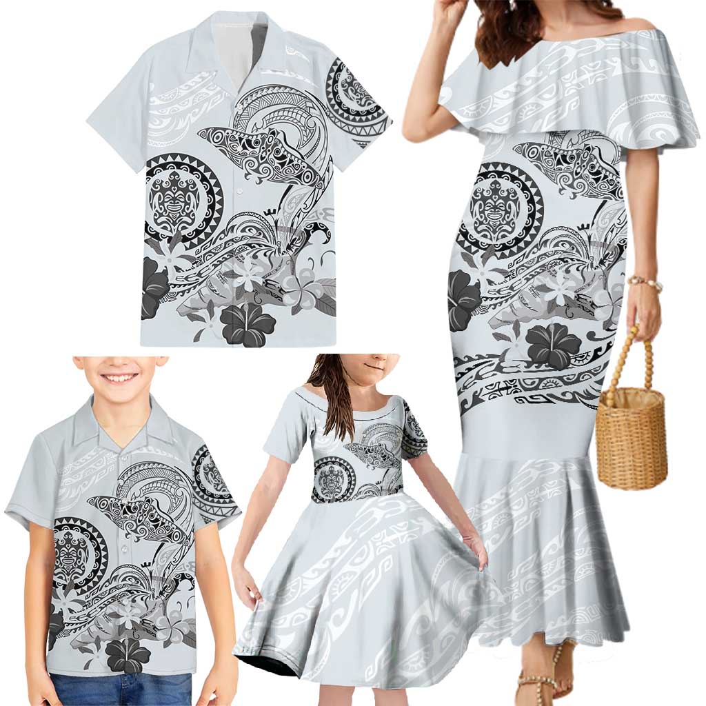 Polynesian Manta Ray Family Matching Mermaid Dress and Hawaiian Shirt Gray Floral Turtle Tattoo - Polynesian Pride