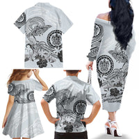 Polynesian Manta Ray Family Matching Off The Shoulder Long Sleeve Dress and Hawaiian Shirt Gray Floral Turtle Tattoo - Polynesian Pride