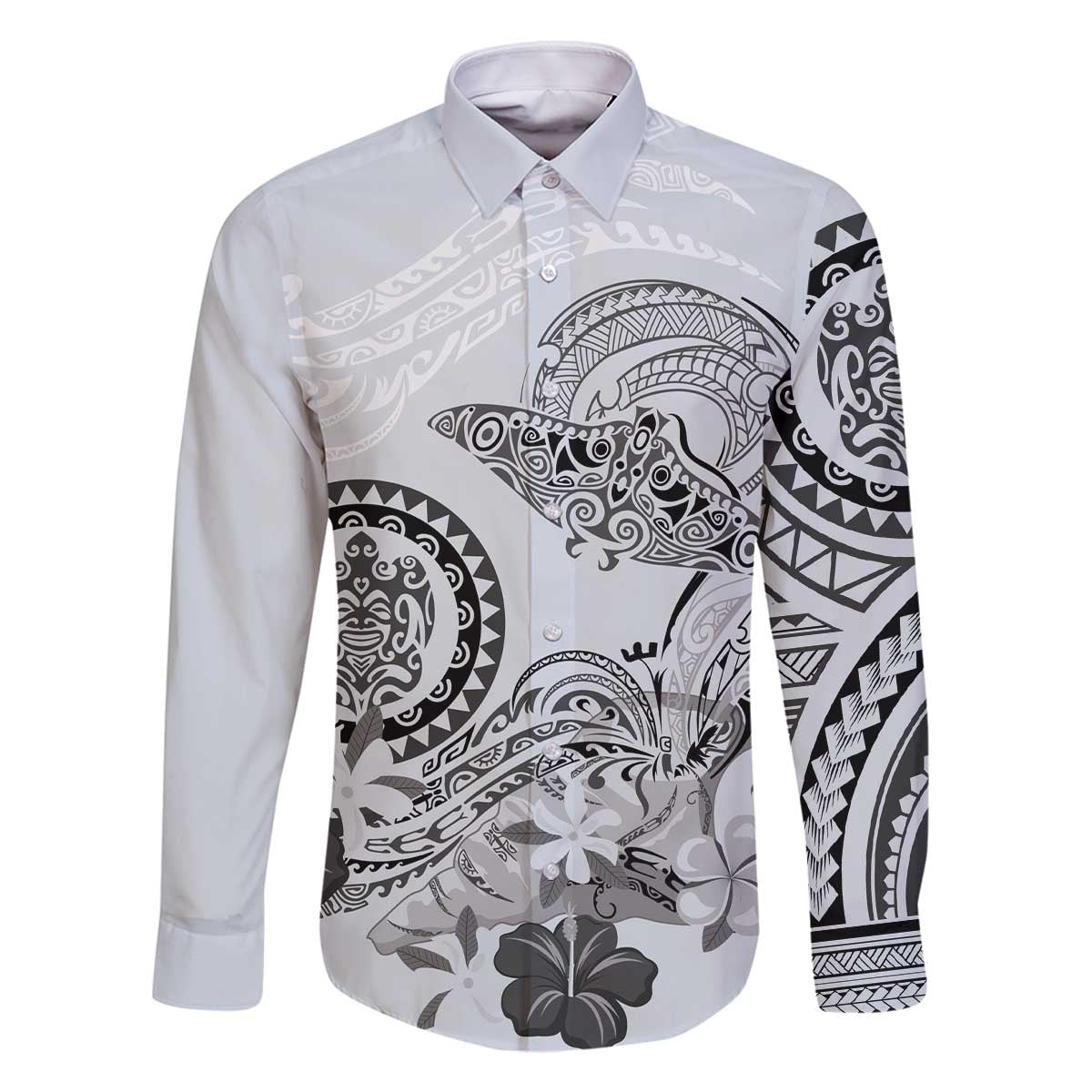 Polynesian Manta Ray Family Matching Off The Shoulder Long Sleeve Dress and Hawaiian Shirt Gray Floral Turtle Tattoo - Polynesian Pride