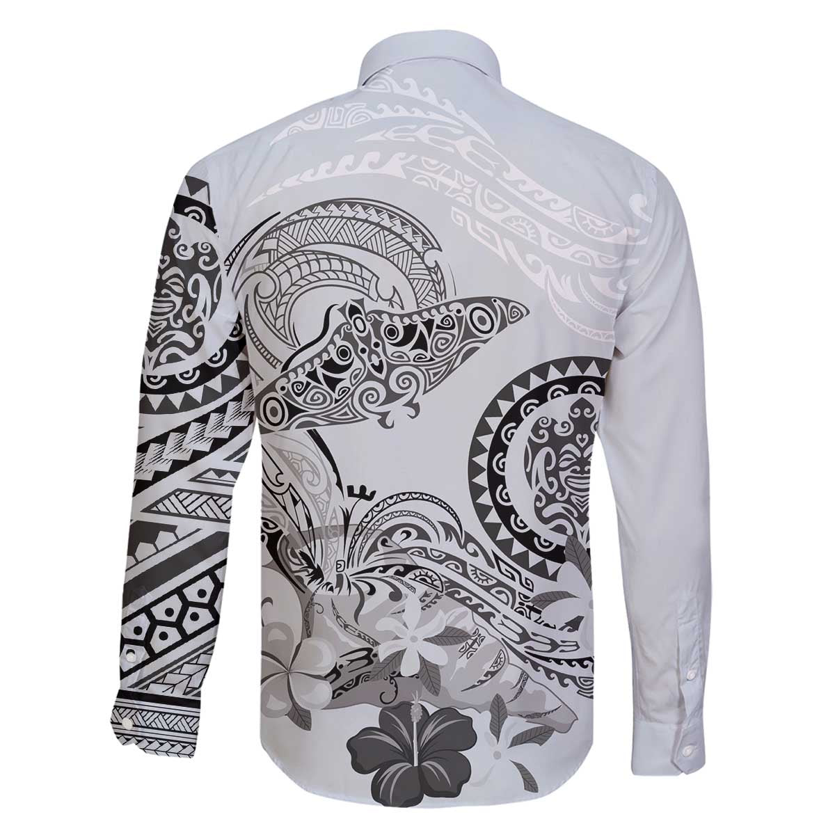 Polynesian Manta Ray Family Matching Off The Shoulder Long Sleeve Dress and Hawaiian Shirt Gray Floral Turtle Tattoo - Polynesian Pride