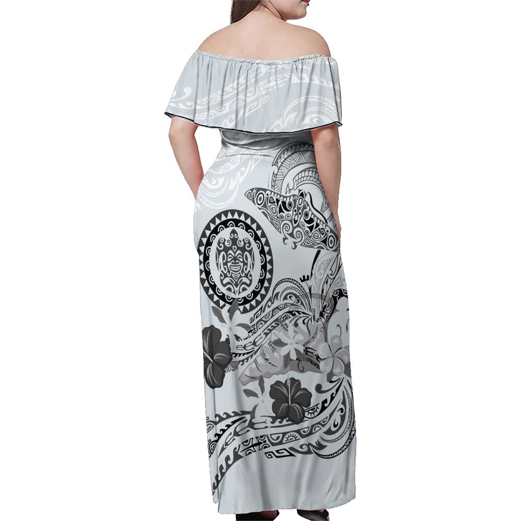 Polynesian Manta Ray Family Matching Off Shoulder Maxi Dress and Hawaiian Shirt Gray Floral Turtle Tattoo - Polynesian Pride