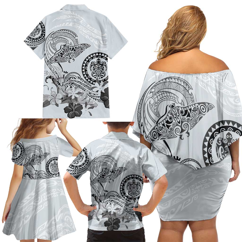 Polynesian Manta Ray Family Matching Off Shoulder Short Dress and Hawaiian Shirt Gray Floral Turtle Tattoo - Polynesian Pride