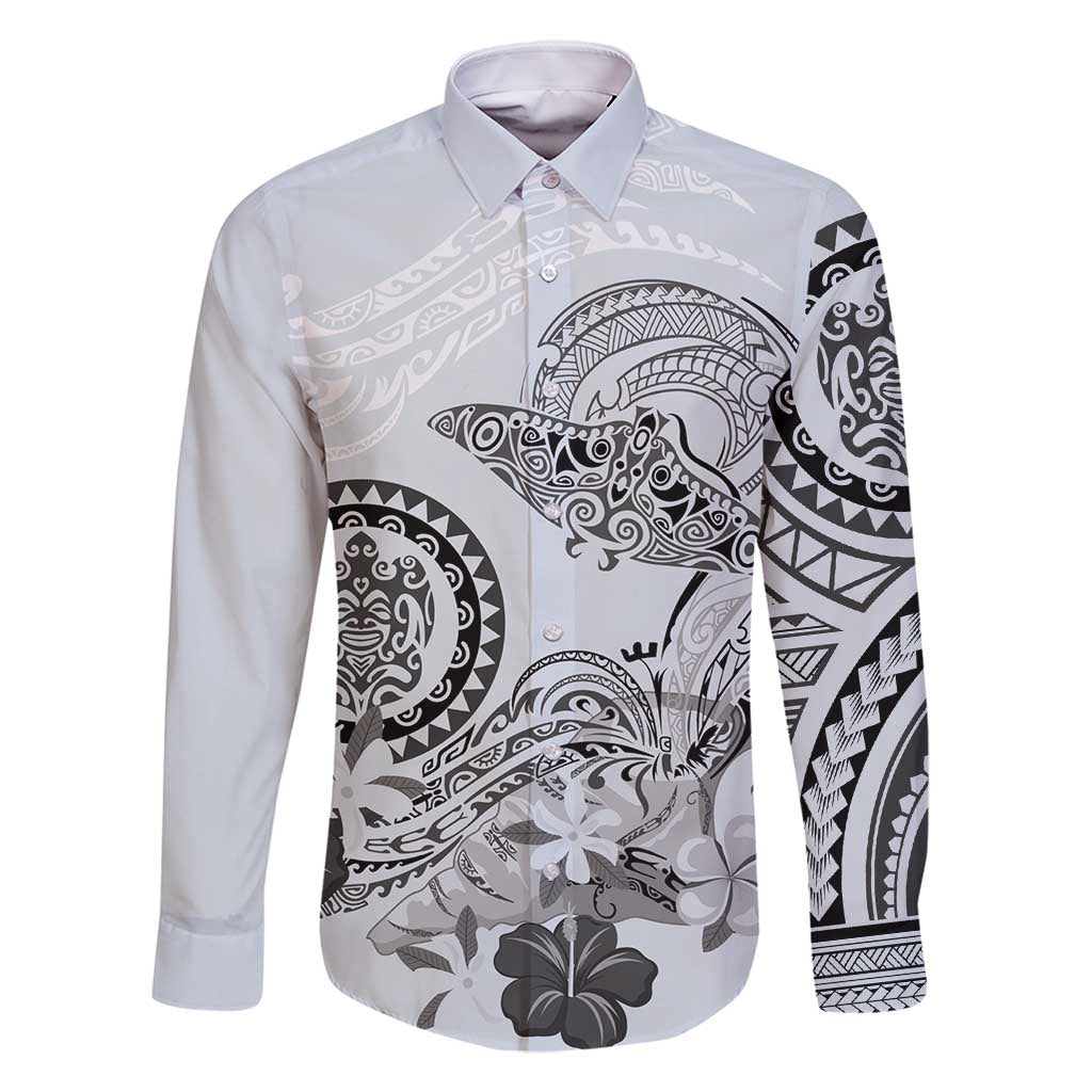 Polynesian Manta Ray Family Matching Off Shoulder Short Dress and Hawaiian Shirt Gray Floral Turtle Tattoo - Polynesian Pride