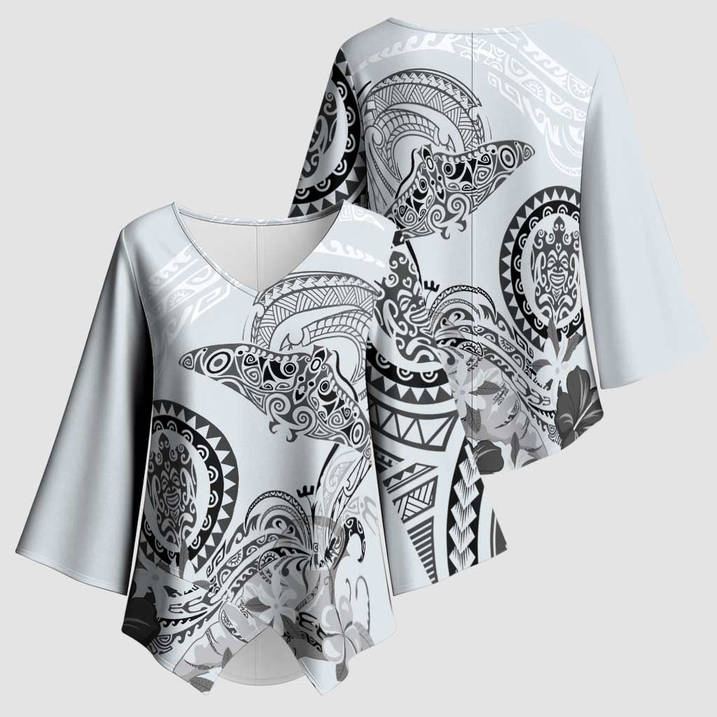 Polynesian Manta Ray Kimono Sleeve Blouse Gray Floral Turtle Tattoo - Polynesian Pride