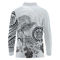 Polynesian Manta Ray Long Sleeve Polo Shirt Gray Floral Turtle Tattoo - Polynesian Pride