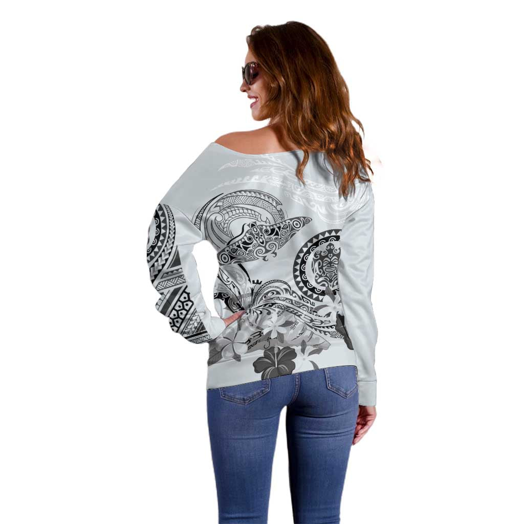 Polynesian Manta Ray Off Shoulder Sweater Gray Floral Turtle Tattoo - Polynesian Pride