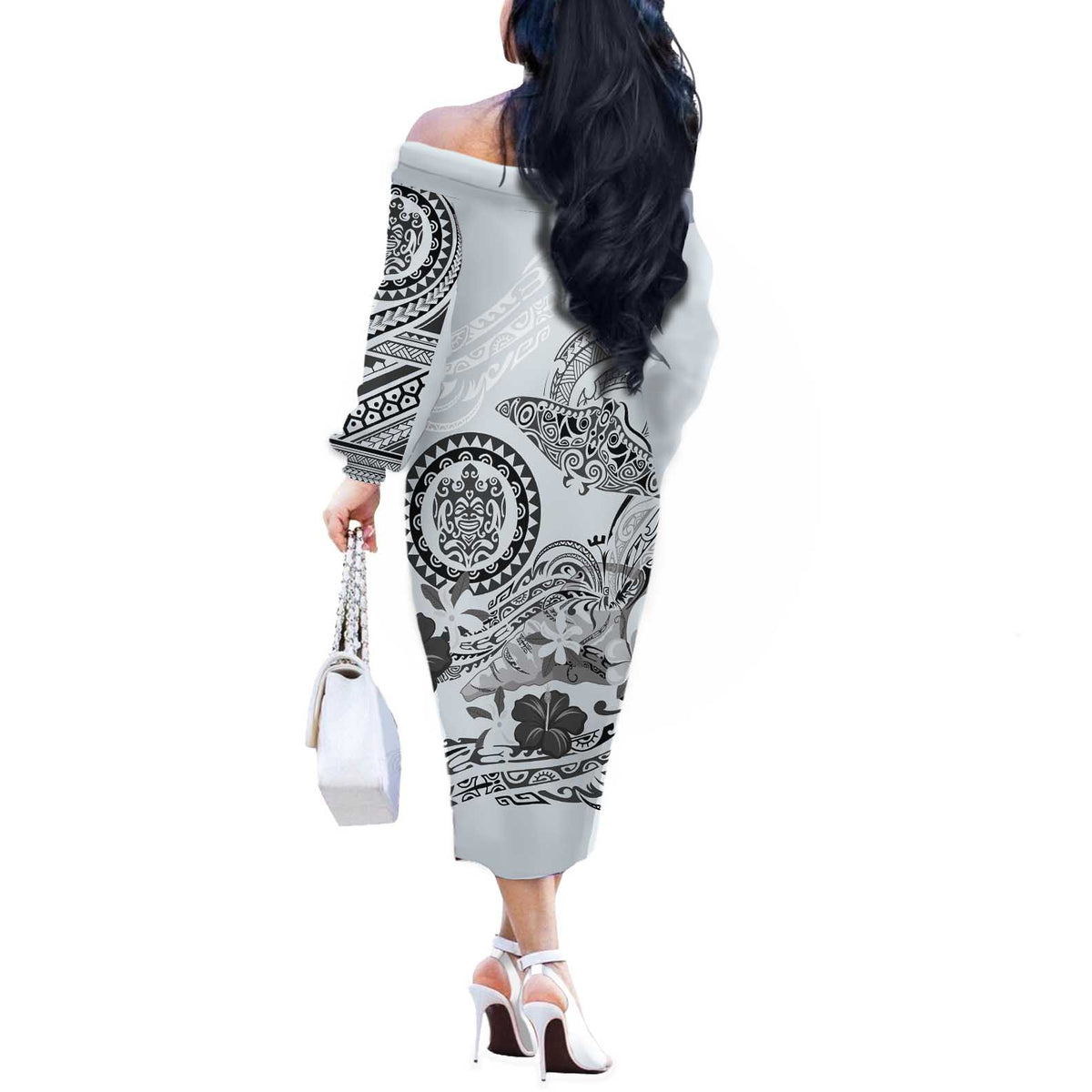 Polynesian Manta Ray Off The Shoulder Long Sleeve Dress Gray Floral Turtle Tattoo - Polynesian Pride