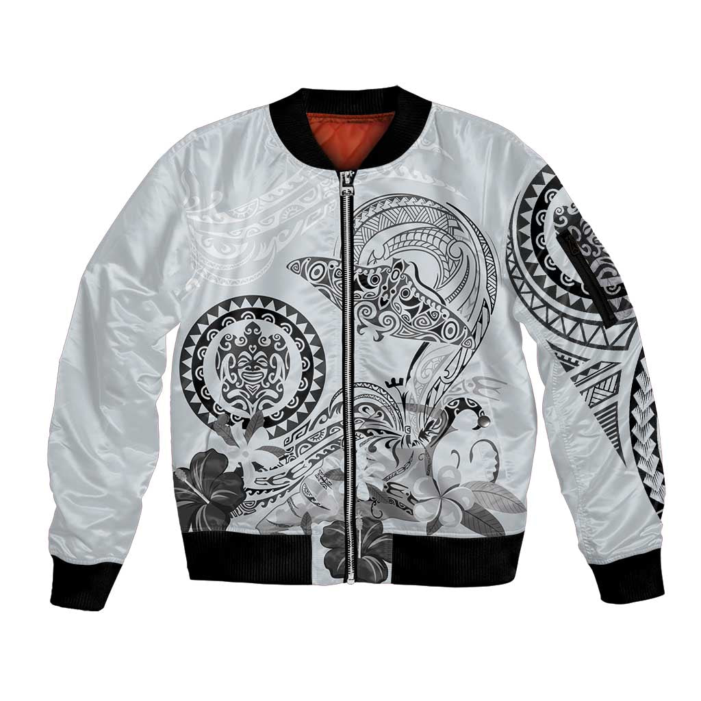 Polynesian Manta Ray Sleeve Zip Bomber Jacket Gray Floral Turtle Tattoo LT9 Unisex Gray - Polynesian Pride