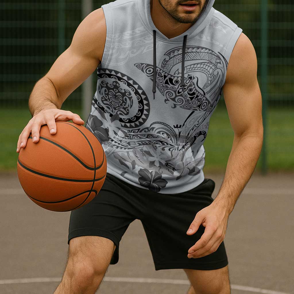 Polynesian Manta Ray Sleeveless Hoodie Gray Floral Turtle Tattoo - Polynesian Pride