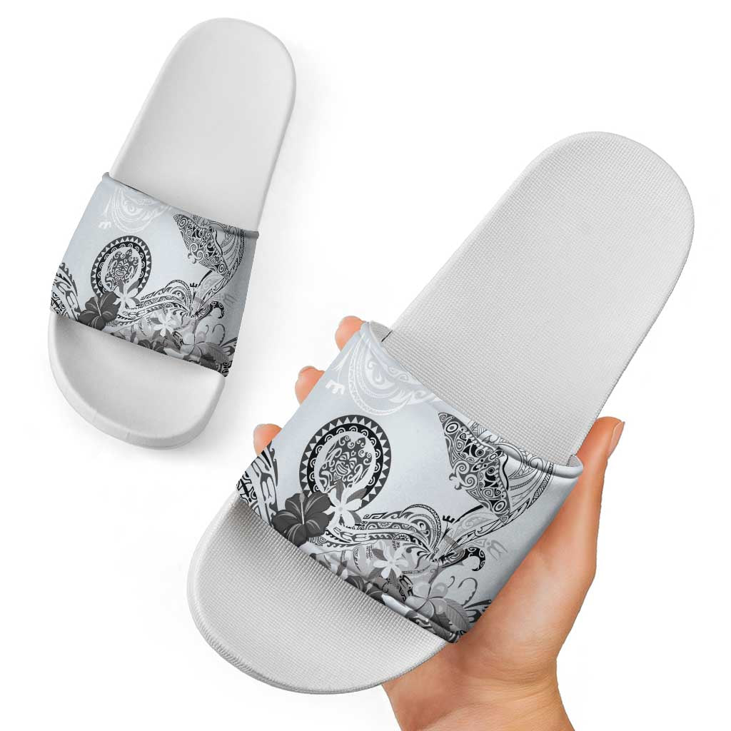 Polynesian Manta Ray Slide Sandals Gray Floral Turtle Tattoo - Polynesian Pride