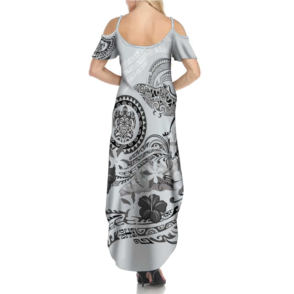Polynesian Manta Ray Summer Maxi Dress Gray Floral Turtle Tattoo - Polynesian Pride