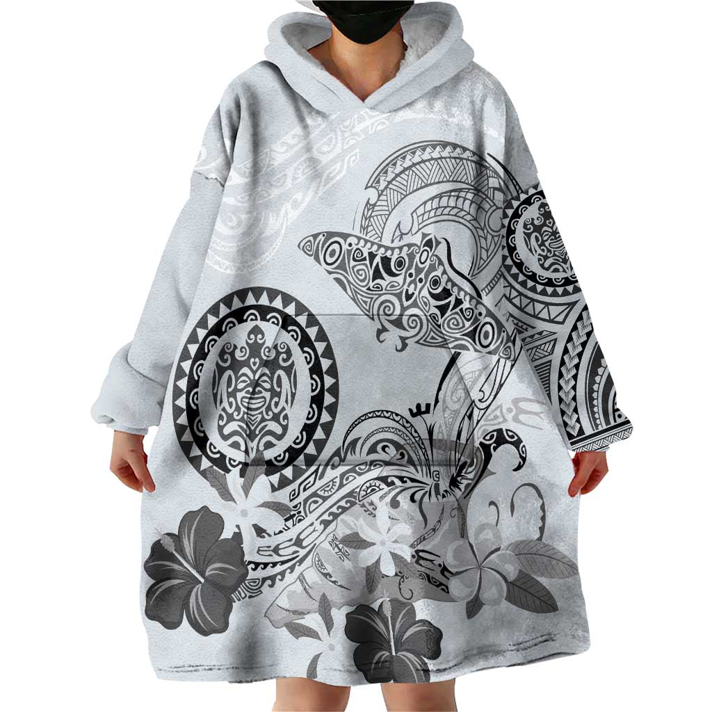Polynesian Manta Ray Wearable Blanket Hoodie Gray Floral Turtle Tattoo - Polynesian Pride
